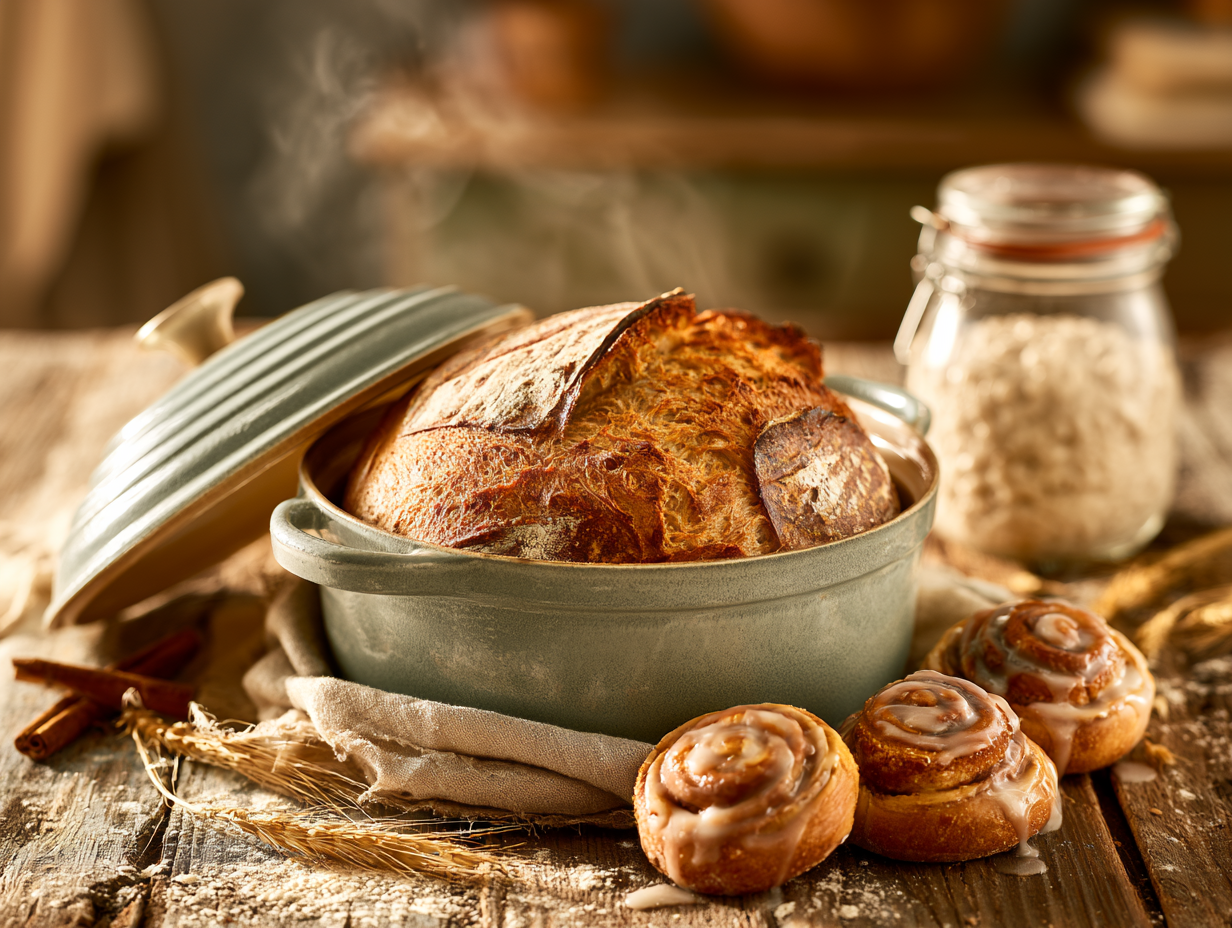 Zuurdesembrood in een saliegroene pan met cinnamon rolls op een houten tafel